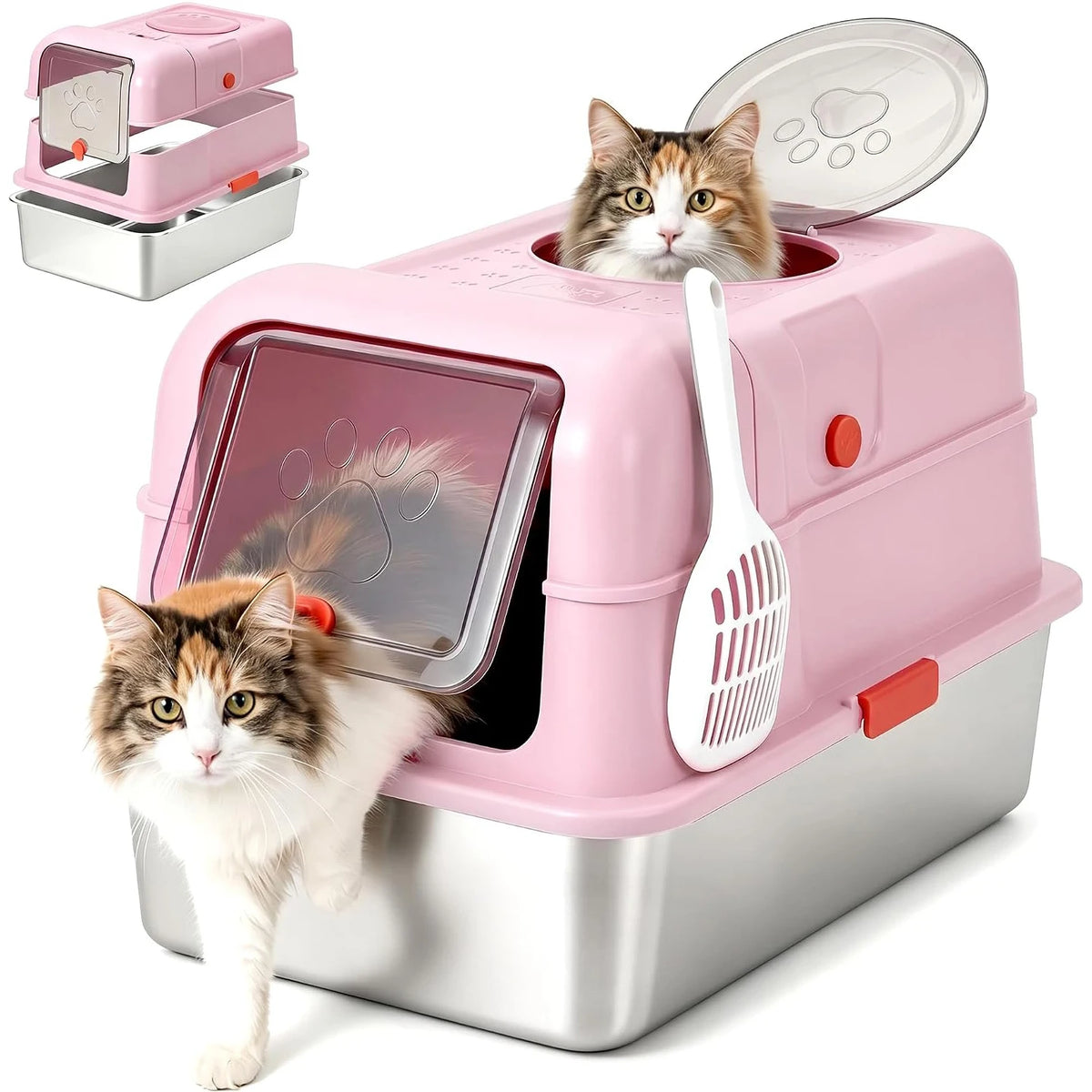 Non-Stick Stainless Steel Litter Box | No-Mess Odor Control Anti-Leak Cat Litter Box, 3-in-1 Fully Enclosed High-Sided Litterbox with Flip Top