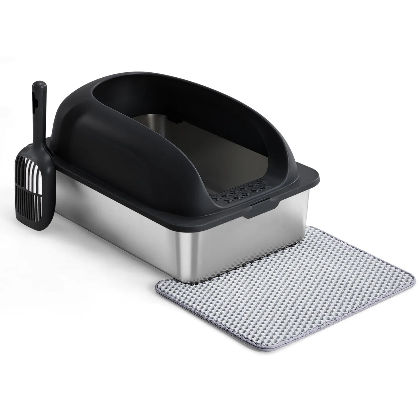 JHK Stainless 24IN Steel Cat Litter Box with Lid Large Cat Litter Box for Big Cats Anti-Urine Leakage Scoop and Mat Included