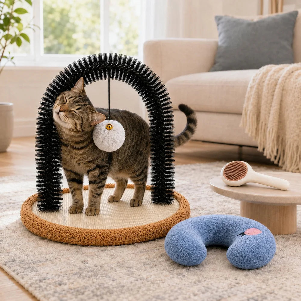 Cat Self Groomer Arch With Reversible Sisal Scratching Base Hanging Ball Grooming Brush And Plush Cat Pillow Indoor Cat Rubbing Scratching Grooming Play And Rest Station
