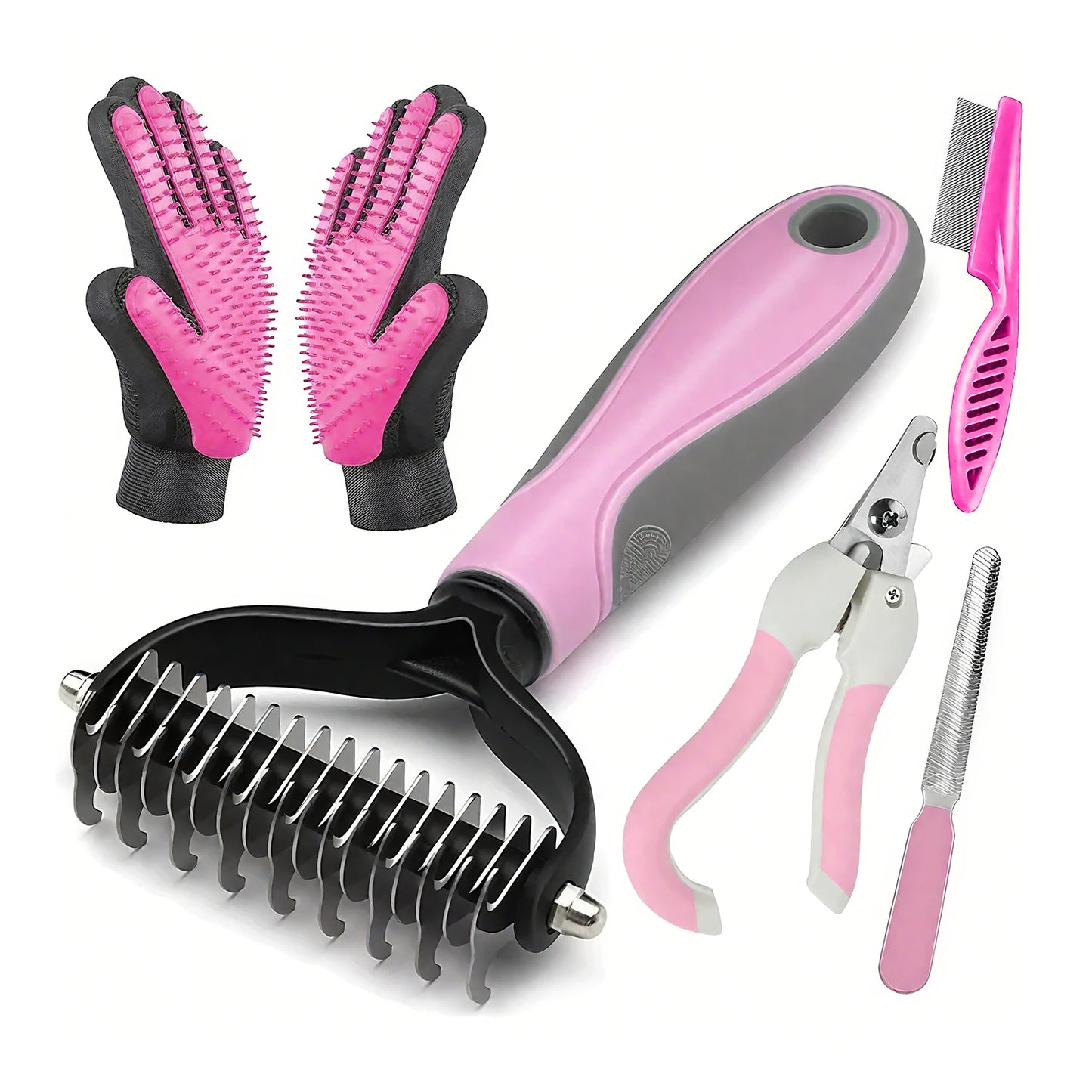 Dog & Cat Deshedding Brush - Pet Comb & Massager Set, Pink，Blue
