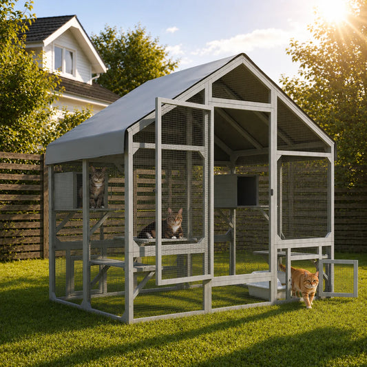71" Outdoor Cat Catio,Walk-In Cat Enclosure with Waterproof Cover, 7 Tiered Platforms & 2 Resting Boxes for Multiple Cats