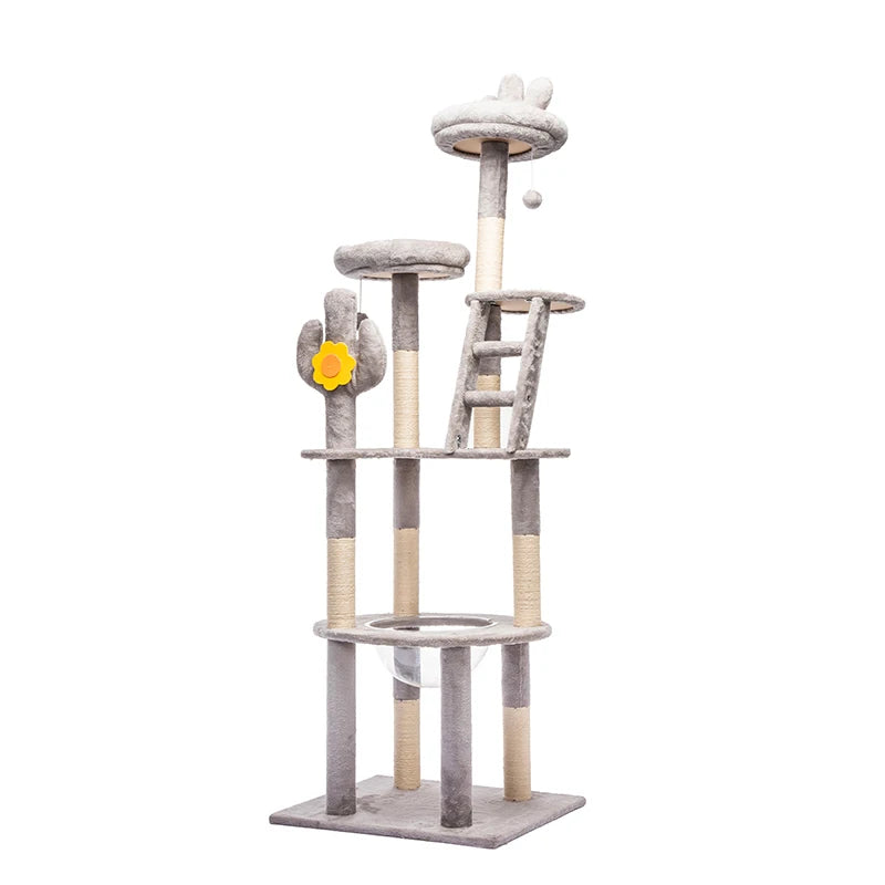 Cactus Cat Tree 72.05in Tall with Clear Capsule, Sisal Scratching Posts, Plush Beds, Ladder & Hanging Toys for Indoor Cats, Gray