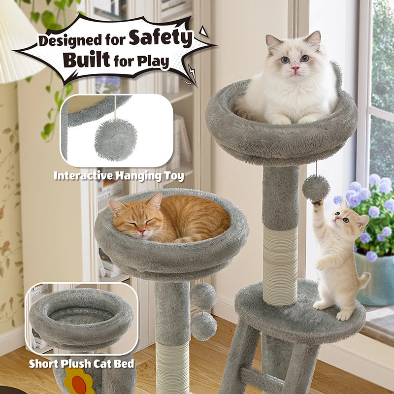 Cactus Cat Tree 72.05in Tall with Clear Capsule, Sisal Scratching Posts, Plush Beds, Ladder & Hanging Toys for Indoor Cats, Gray