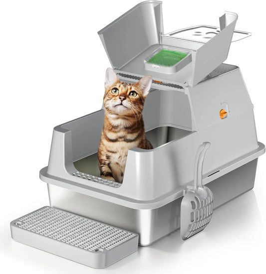 Stainless Steel Cat Litter Box with Lid, 180° Flip-Top XL Enclosed Design, Easy Cleaning & Odor Control
