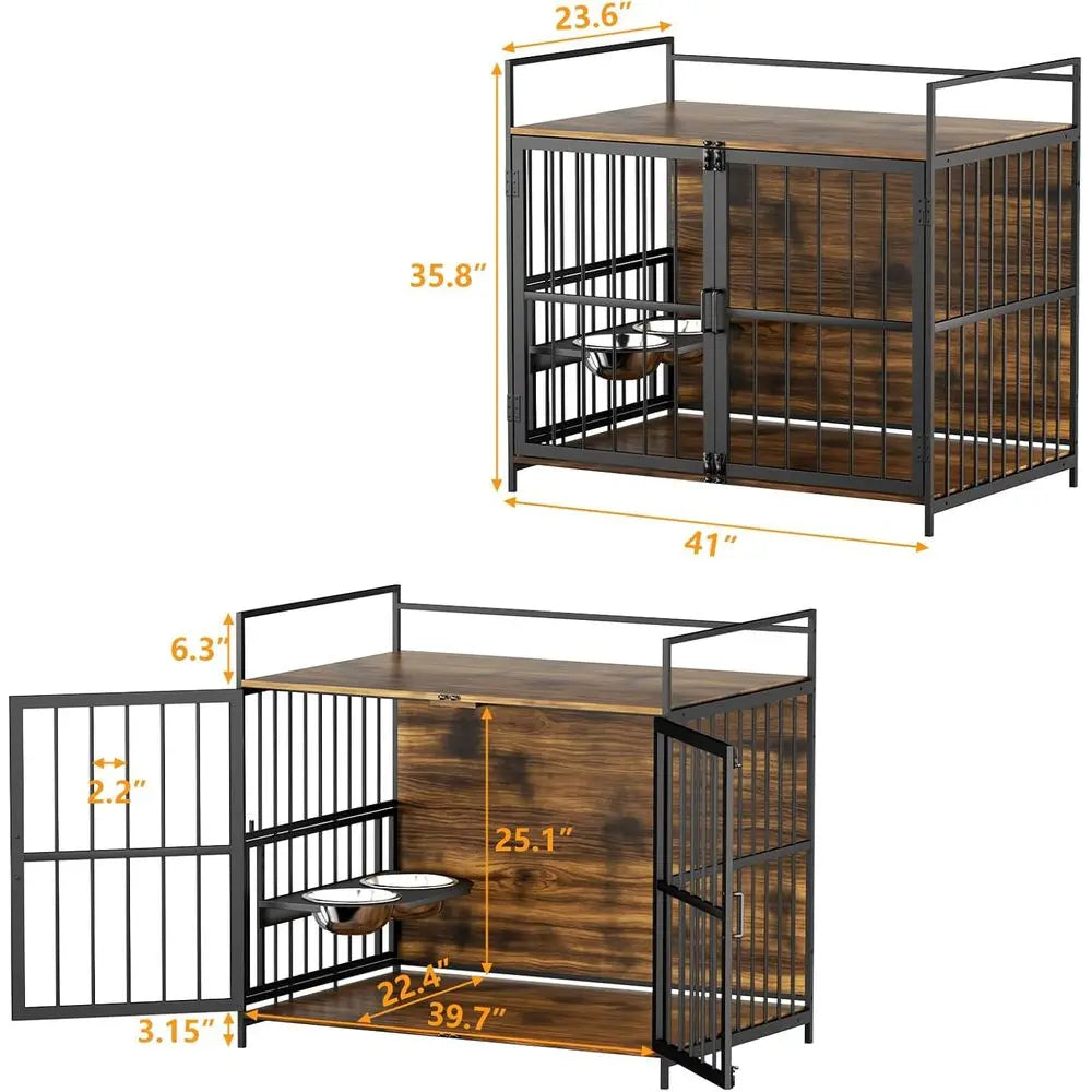 urniture Style Large Dog Crate with 360° & Adjustable Raised eeder or Dogs 2 StainlSteel Bowls -End Table House Pad, Indoor Use,