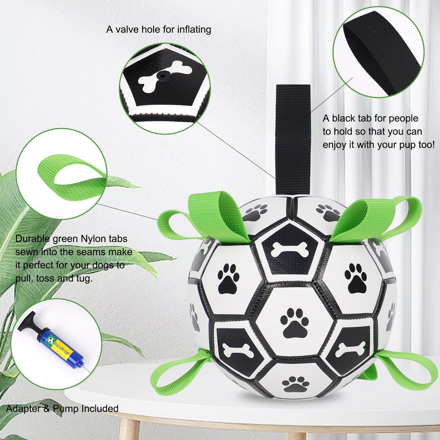 Dog Toys Soccer Ball with Straps, Interactive Dog Toys for Tug of War, Puppy Birthday Gifts, Water Toy, Durable Dogs Balls World