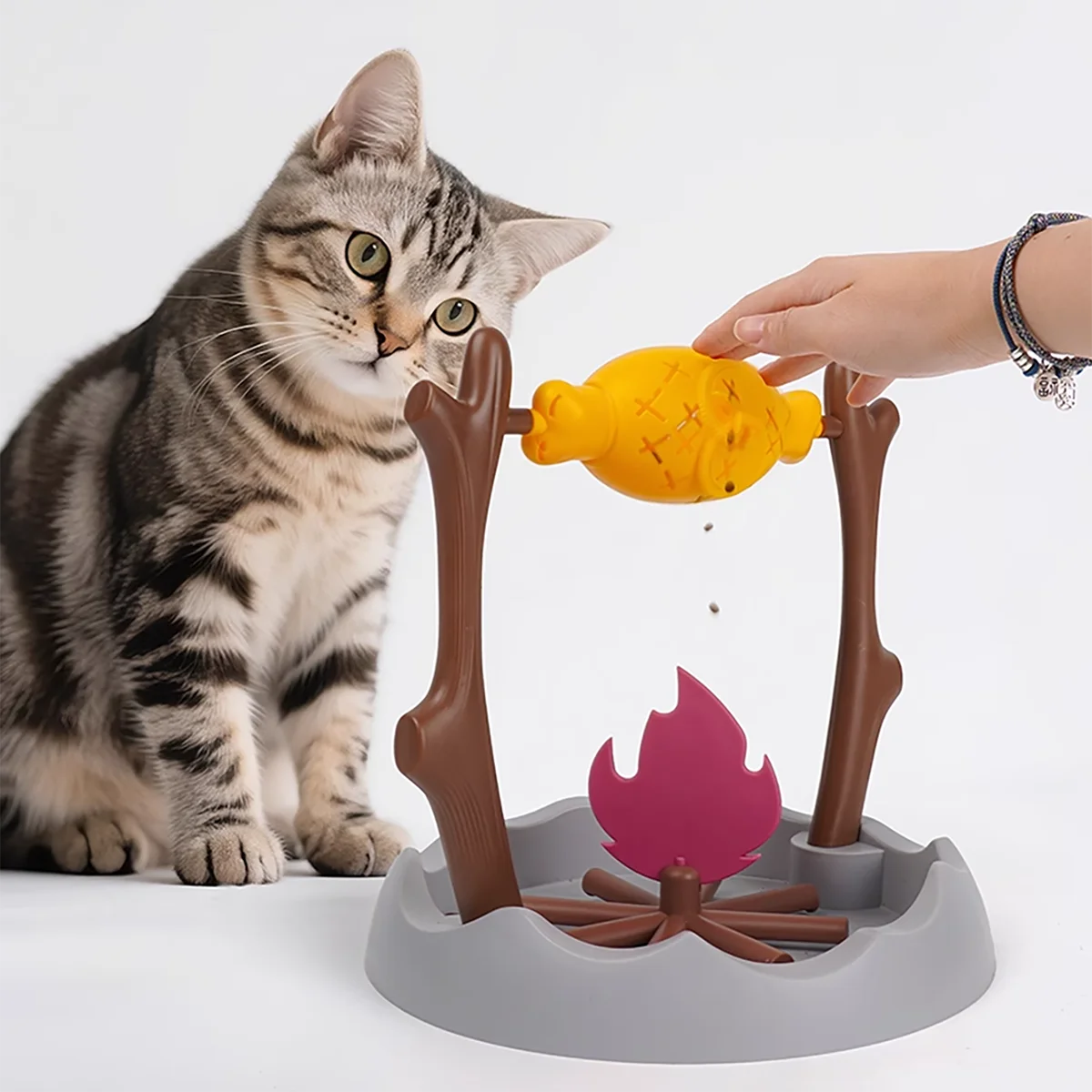 Campfire BBQ Interactive Cat Toy, Rolling Treat Dispenser Food Leak Chew Puzzle Toy for Kittens & Cats Pet Christmas Holiday Gift
