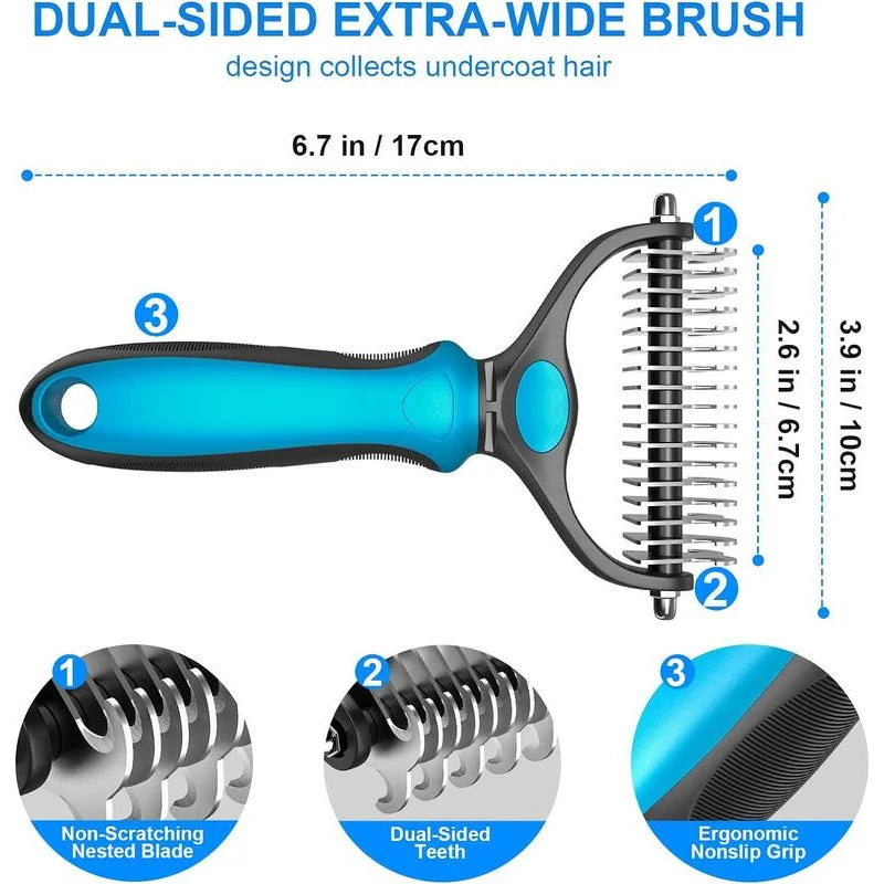 2‑in‑1 Pet Dematting Comb Double‑Sided Stainless Steel Deshedding Brush Non‑Slip Handle Hanging Hole for Dogs Cats Remove Mats Tangles Pet Grooming Shedding Tool