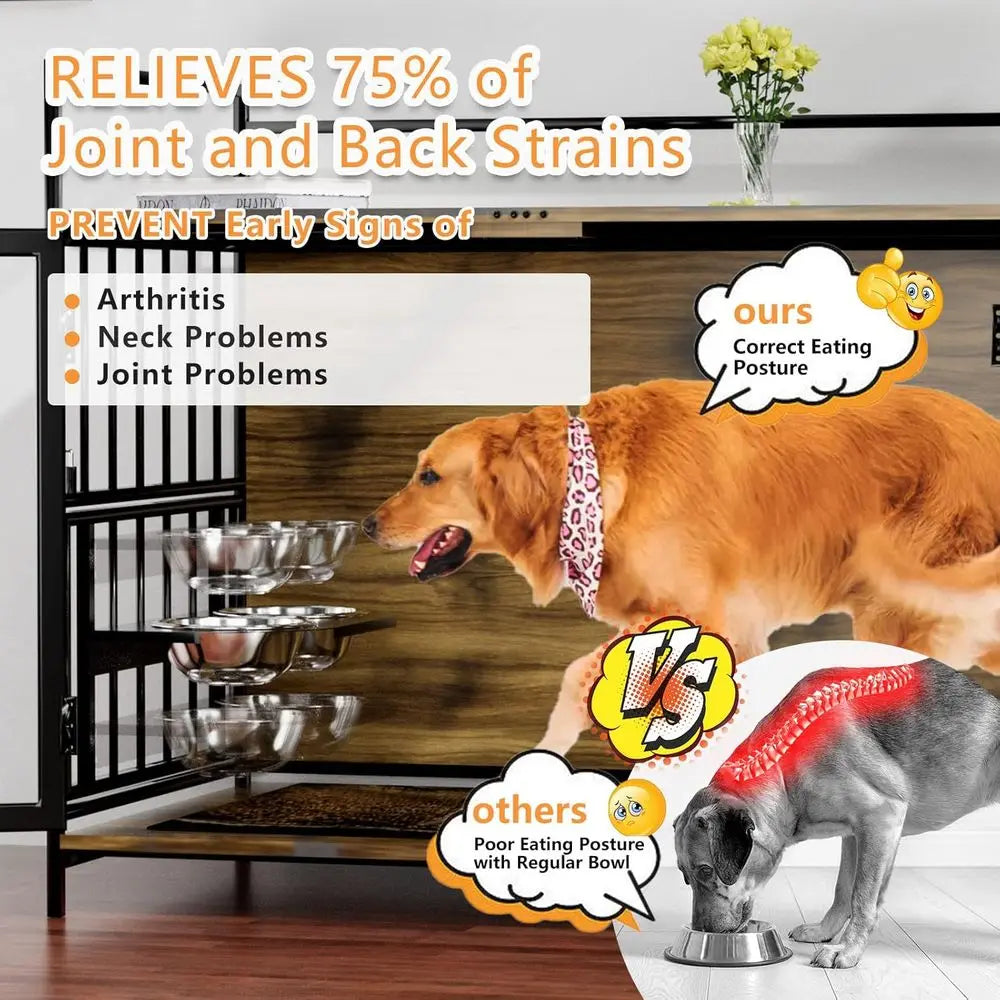 urniture Style Large Dog Crate with 360° & Adjustable Raised eeder or Dogs 2 StainlSteel Bowls -End Table House Pad, Indoor Use,