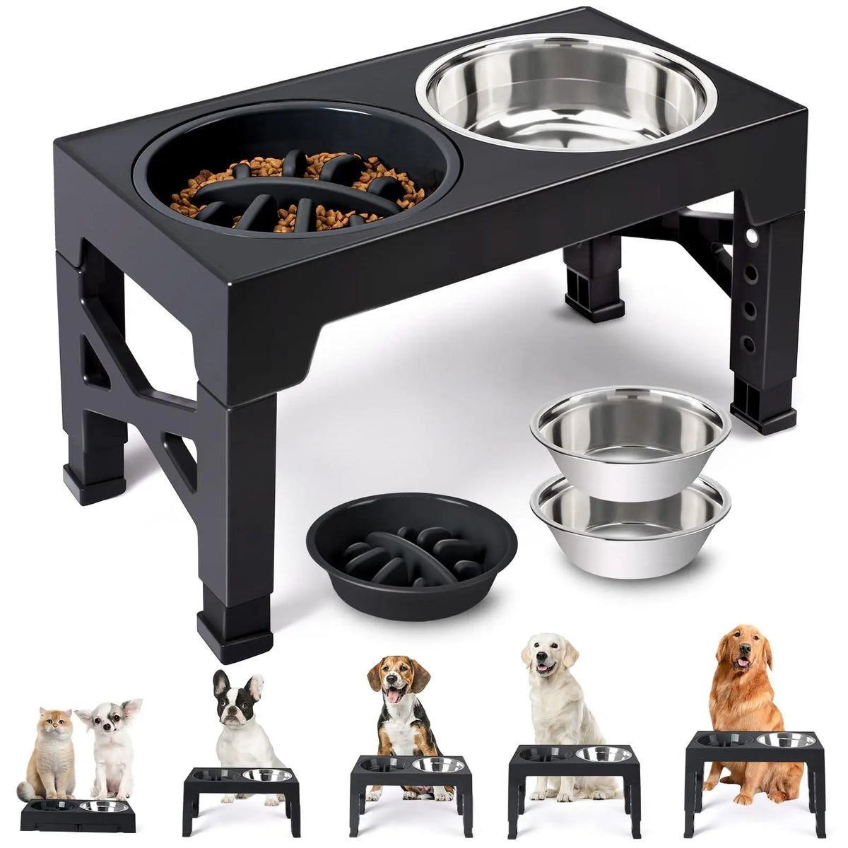 Adjustable Elevated Dog Feeder, Raised Dog Bowl Stand with Double Stainless Steel Food Water Bowls, Ergonomic Pet Feeding Station for Small Medium Large Dogs