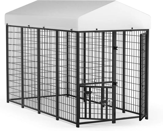Outdoor Dog Kennel with Roof, Heavy Duty Steel Dog Run Enclosure for Medium Dogs, Waterproof Canopy