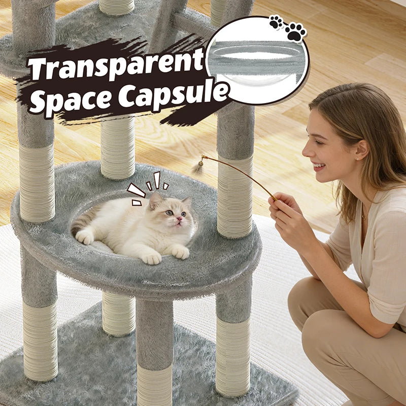 Cactus Cat Tree 72.05in Tall with Clear Capsule, Sisal Scratching Posts, Plush Beds, Ladder & Hanging Toys for Indoor Cats, Gray