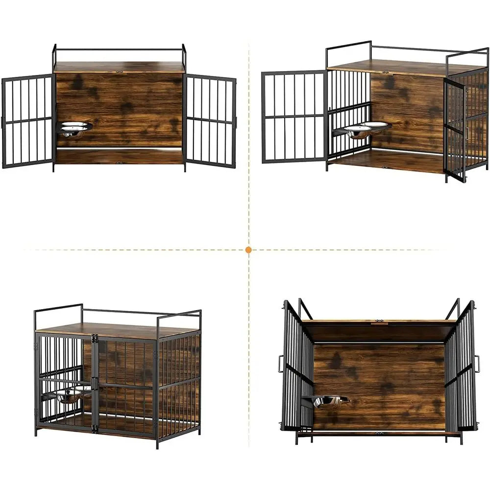 urniture Style Large Dog Crate with 360° & Adjustable Raised eeder or Dogs 2 StainlSteel Bowls -End Table House Pad, Indoor Use,