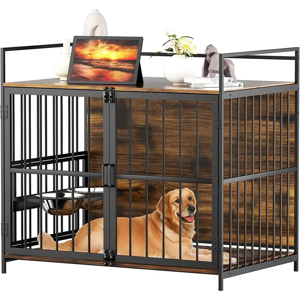 urniture Style Large Dog Crate with 360° & Adjustable Raised eeder or Dogs 2 StainlSteel Bowls -End Table House Pad, Indoor Use,