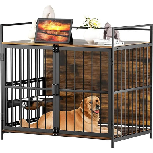 urniture Style Large Dog Crate with 360° & Adjustable Raised eeder or Dogs 2 StainlSteel Bowls -End Table House Pad, Indoor Use,