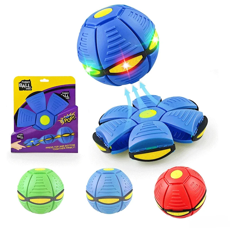 Six-light dual-mode magical transforming pet bouncy ball, UFO-shaped ball, durable dog interactive training and play toy, blue and red.