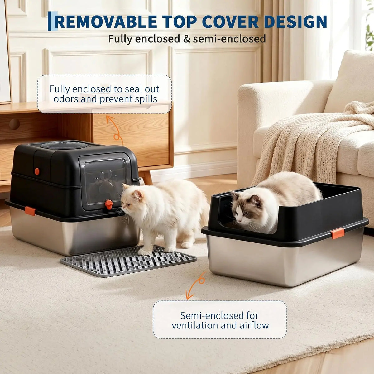 Non-Stick Stainless Steel Litter Box | No-Mess Odor Control Anti-Leak Cat Litter Box, 3-in-1 Fully Enclosed High-Sided Litterbox with Flip Top