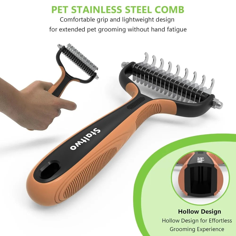 2-in-1 Deshedding Dog Brush for Shedding - Undercoat Rake and Furminator for Long-Haired Dogs and Cats, Knot Removal, Orange
