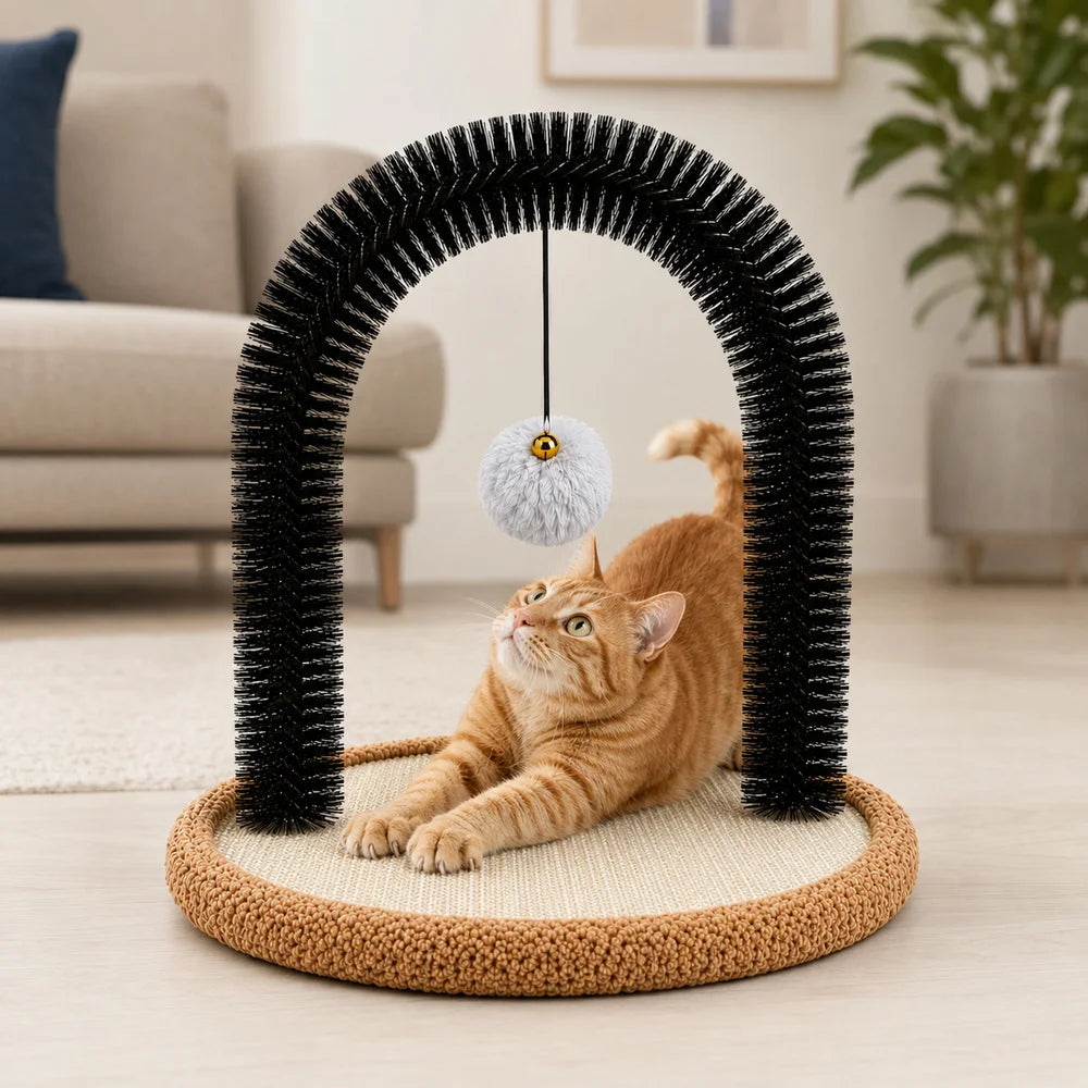 Cat Self Groomer Arch With Reversible Sisal Scratching Base Hanging Ball Grooming Brush And Plush Cat Pillow Indoor Cat Rubbing Scratching Grooming Play And Rest Station