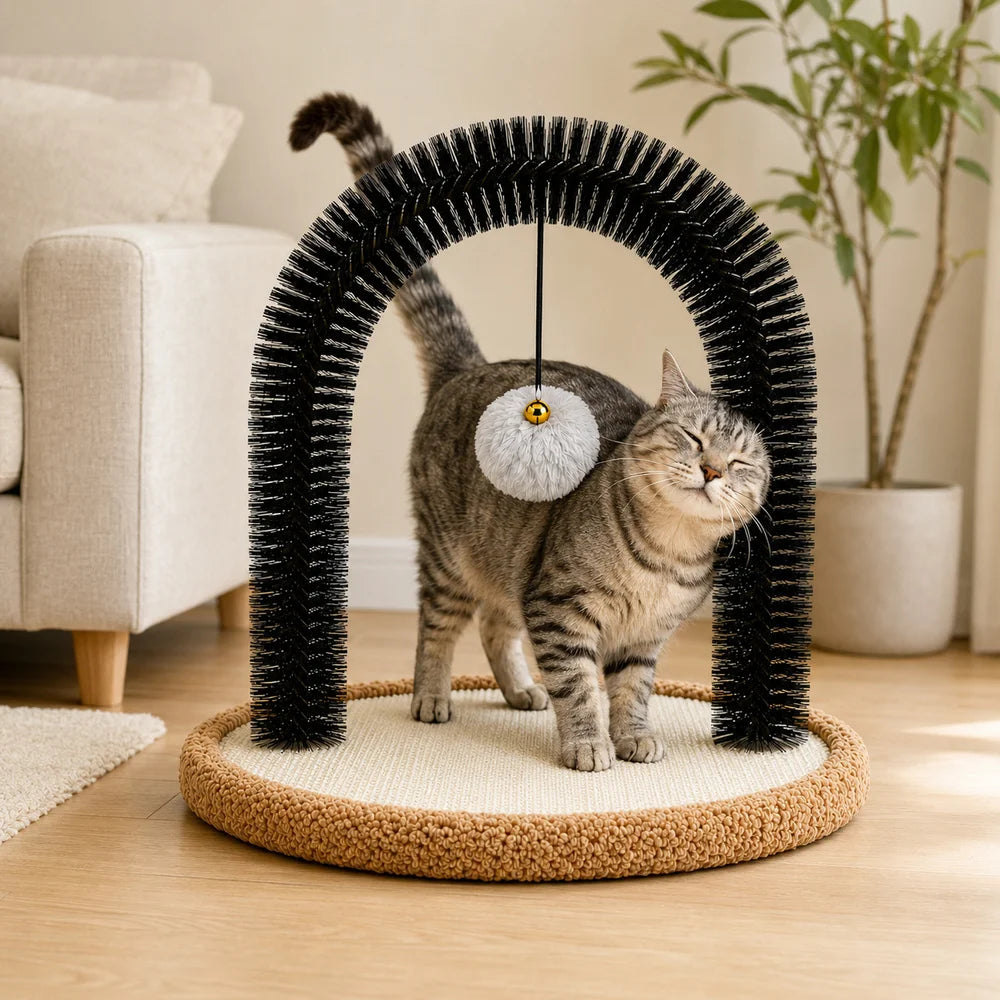Cat Self Groomer Arch With Reversible Sisal Scratching Base Hanging Ball Grooming Brush And Plush Cat Pillow Indoor Cat Rubbing Scratching Grooming Play And Rest Station