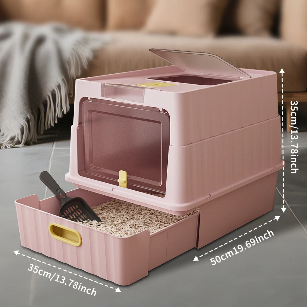 Large Cat Litter Box With Pull-Out Drawer, Fully Covered Cat Toilet For Privacy & Odor Control, Front Entry & Top Exit, Leak-Resistant And Easy-Clean Tray, Large Kitty Litter Box With Scoop, Ideal For Multi- Cats Homes Daily