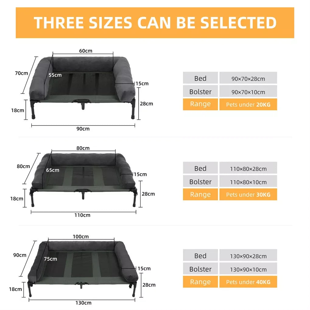 BINGOPAW Outdoor Elevated Dog Bed Cooling Raised Pet Lounger Bed Mesh Cot Sleep Camping Bed with Detachable Plush Bolster
