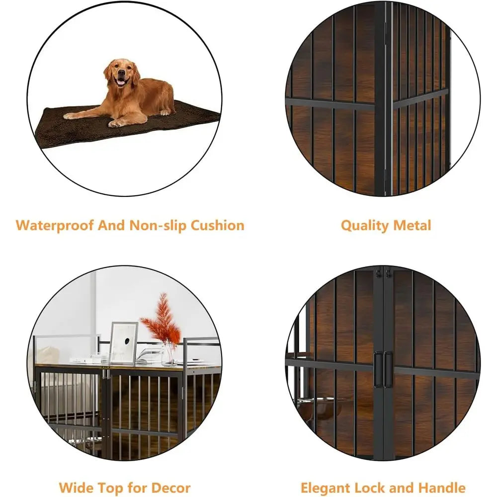 urniture Style Large Dog Crate with 360° & Adjustable Raised eeder or Dogs 2 StainlSteel Bowls -End Table House Pad, Indoor Use,