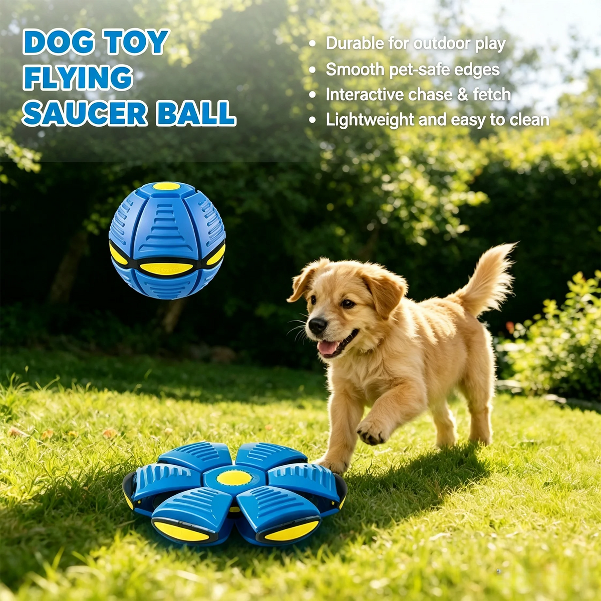 Six-light dual-mode magical transforming pet bouncy ball, UFO-shaped ball, durable dog interactive training and play toy, blue and red.