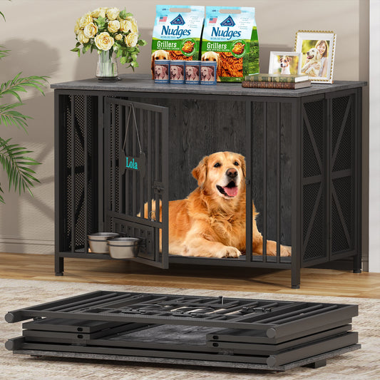 Foldable Large Dog Crate Furniture,31"/41.3"Assembly-Free Dog Crates for Large Dogs,Wooden Dog Kennel Indoor w/ Tag&Dog Bowls