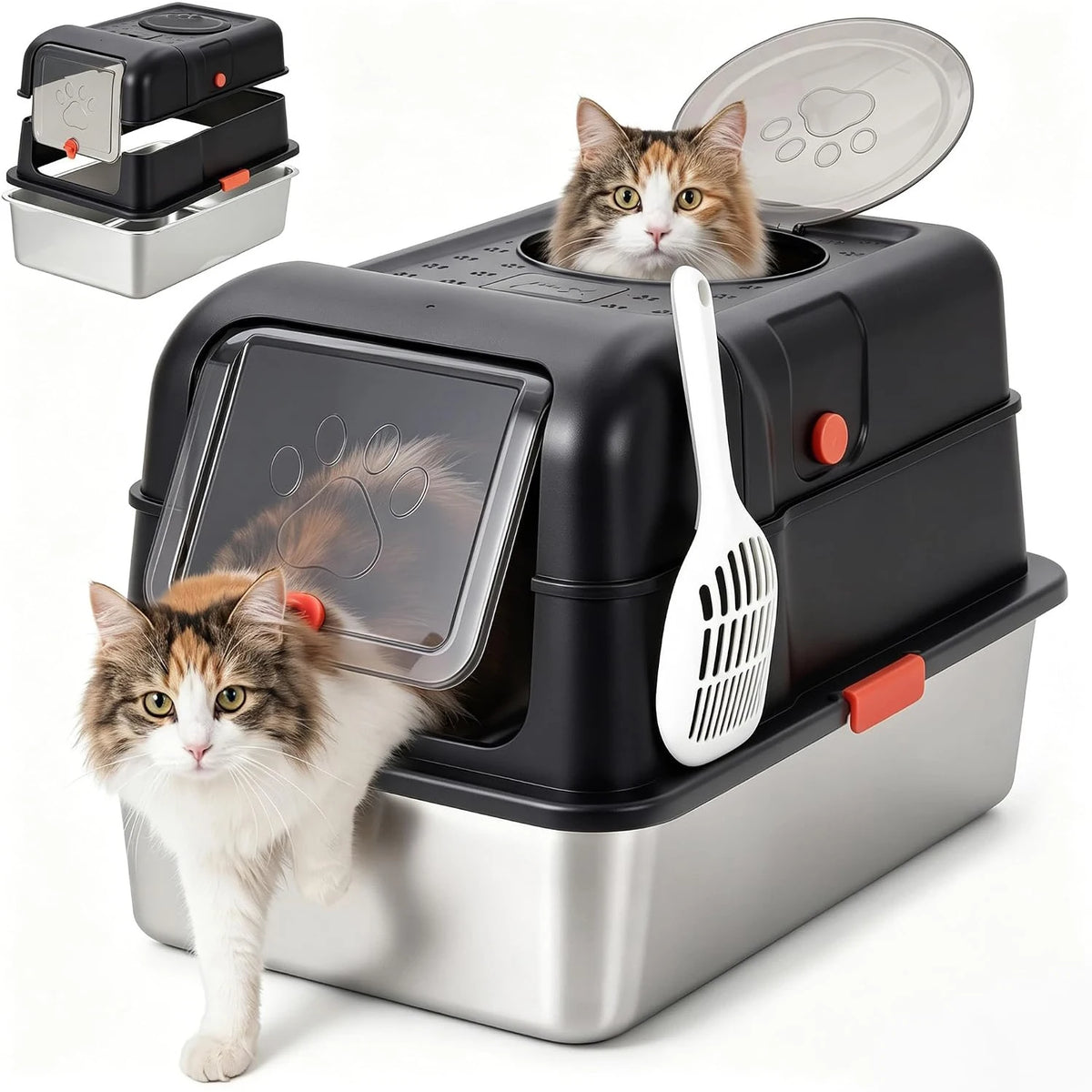 Non-Stick Stainless Steel Litter Box | No-Mess Odor Control Anti-Leak Cat Litter Box, 3-in-1 Fully Enclosed High-Sided Litterbox with Flip Top