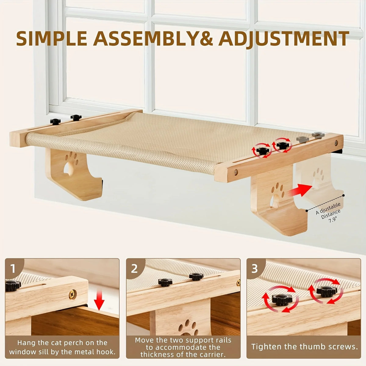 Cat Window Sill, Cat Window Hammock, Suitable for Indoor Cats, Wooden and Metal Frame, Easy to Adjust Window Sill, Bedside