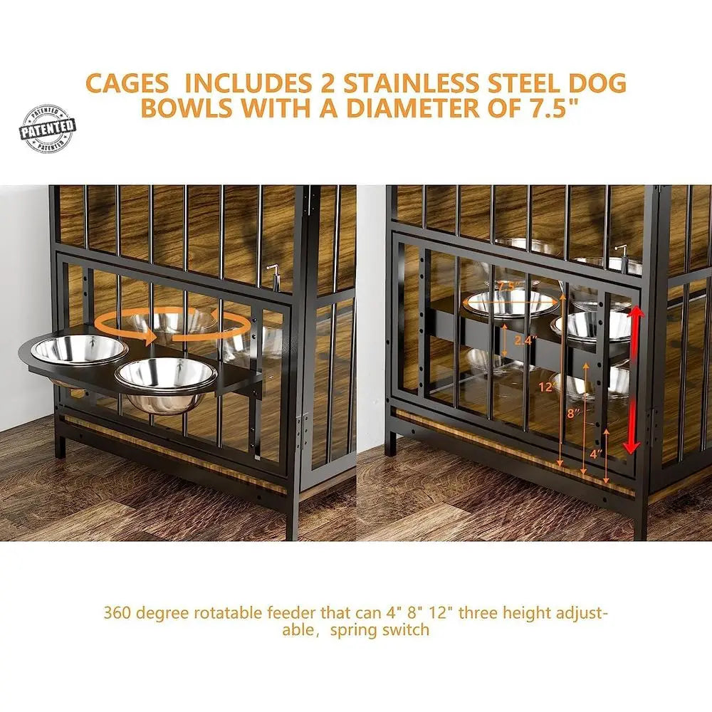 urniture Style Large Dog Crate with 360° & Adjustable Raised eeder or Dogs 2 StainlSteel Bowls -End Table House Pad, Indoor Use,