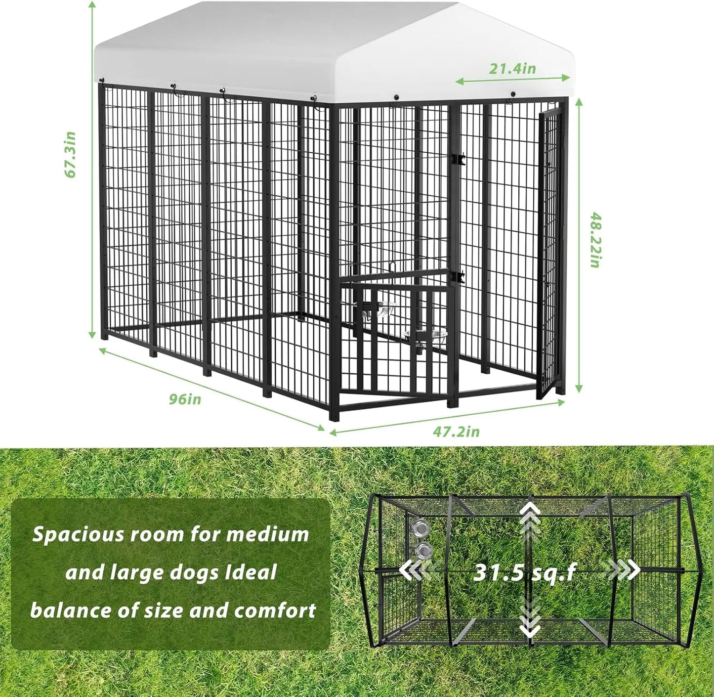 Outdoor Dog Kennel with Roof, Heavy Duty Steel Dog Run Enclosure for Medium Dogs, Waterproof Canopy