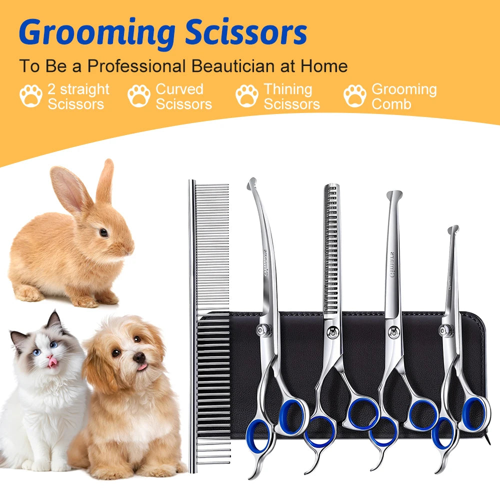 5pcs Professional Dogs Grooming Scissors Set Stainless Steel Dog and Cat Hair Thinning Shears with Safety Round Tip for Pet for Precision Trimming