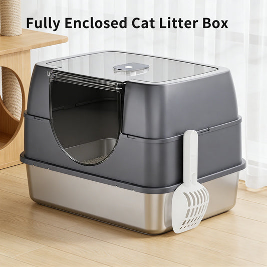 Stainless Steel Litter Box with Lid, Side Entry Large Enclosed Cat Litterbox for Kitty & Multi-Cat, Flip Cover Easy to Clean