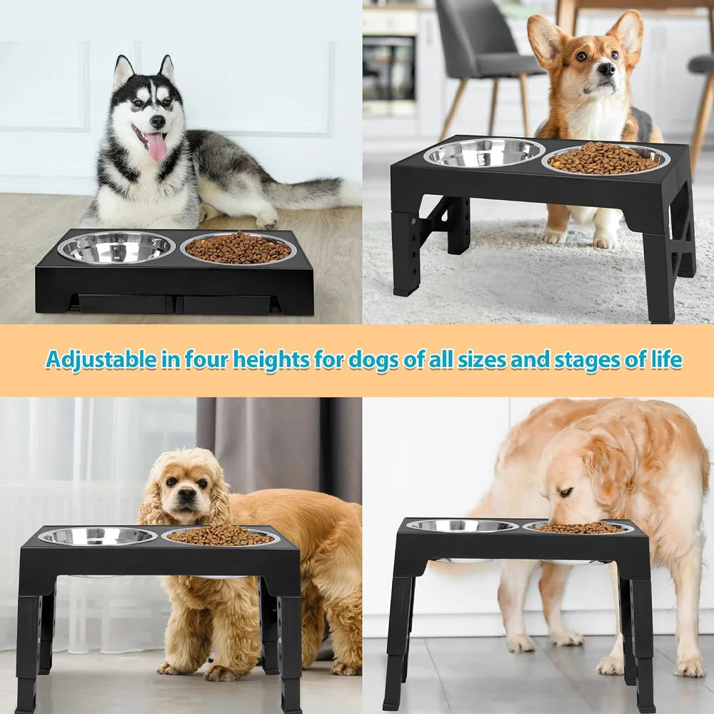 Adjustable Elevated Dog Feeder, Raised Dog Bowl Stand with Double Stainless Steel Food Water Bowls, Ergonomic Pet Feeding Station for Small Medium Large Dogs