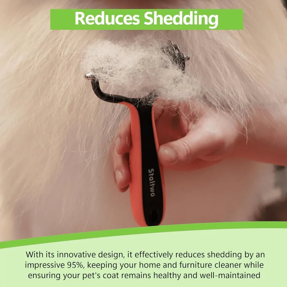 2-in-1 Deshedding Dog Brush for Shedding - Undercoat Rake and Furminator for Long-Haired Dogs and Cats, Knot Removal, Orange
