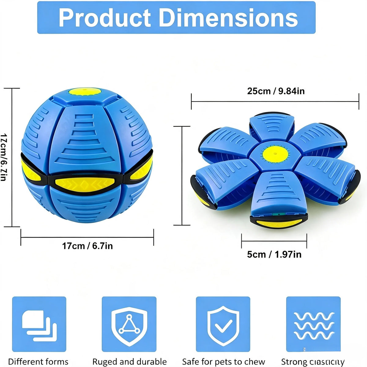 Six-light dual-mode magical transforming pet bouncy ball, UFO-shaped ball, durable dog interactive training and play toy, blue and red.