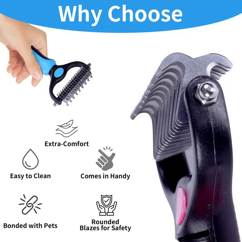 2‑in‑1 Pet Dematting Comb Double‑Sided Stainless Steel Deshedding Brush Non‑Slip Handle Hanging Hole for Dogs Cats Remove Mats Tangles Pet Grooming Shedding Tool