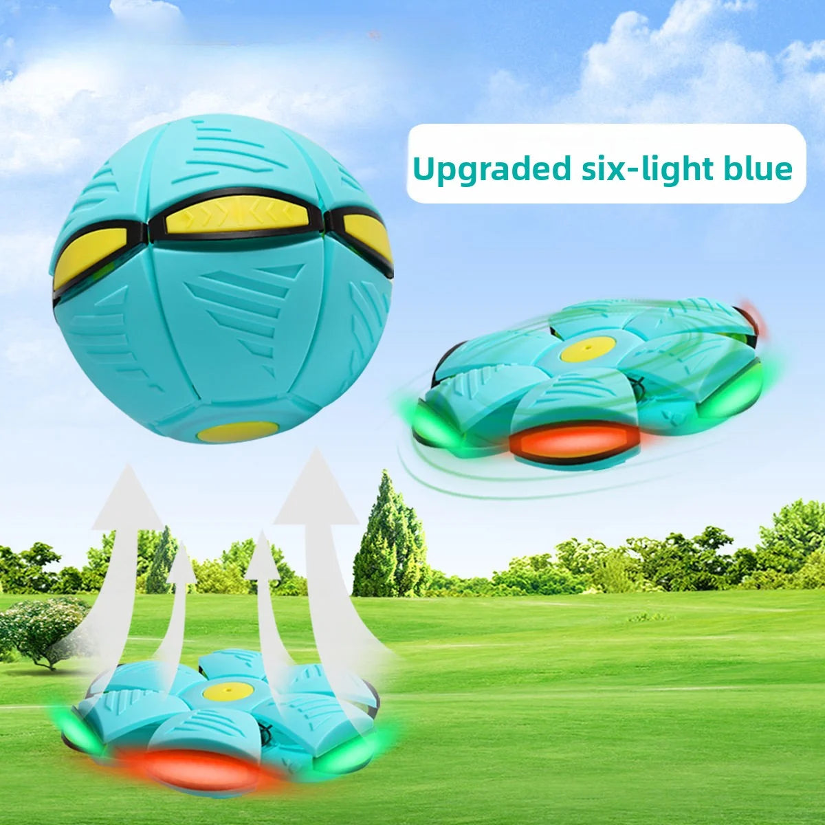 Six-light dual-mode magical transforming pet bouncy ball, UFO-shaped ball, durable dog interactive training and play toy, blue and red.