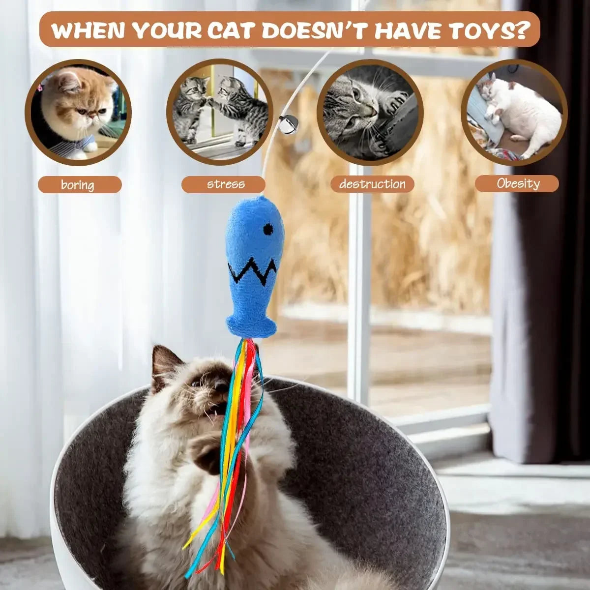 3pcs Cute Fish Cat Wand Toy Solid Wood Catnip Teaser Wand for Cat, Interactive Bell Ribbon Cat Play Stick Toy for Household Cats