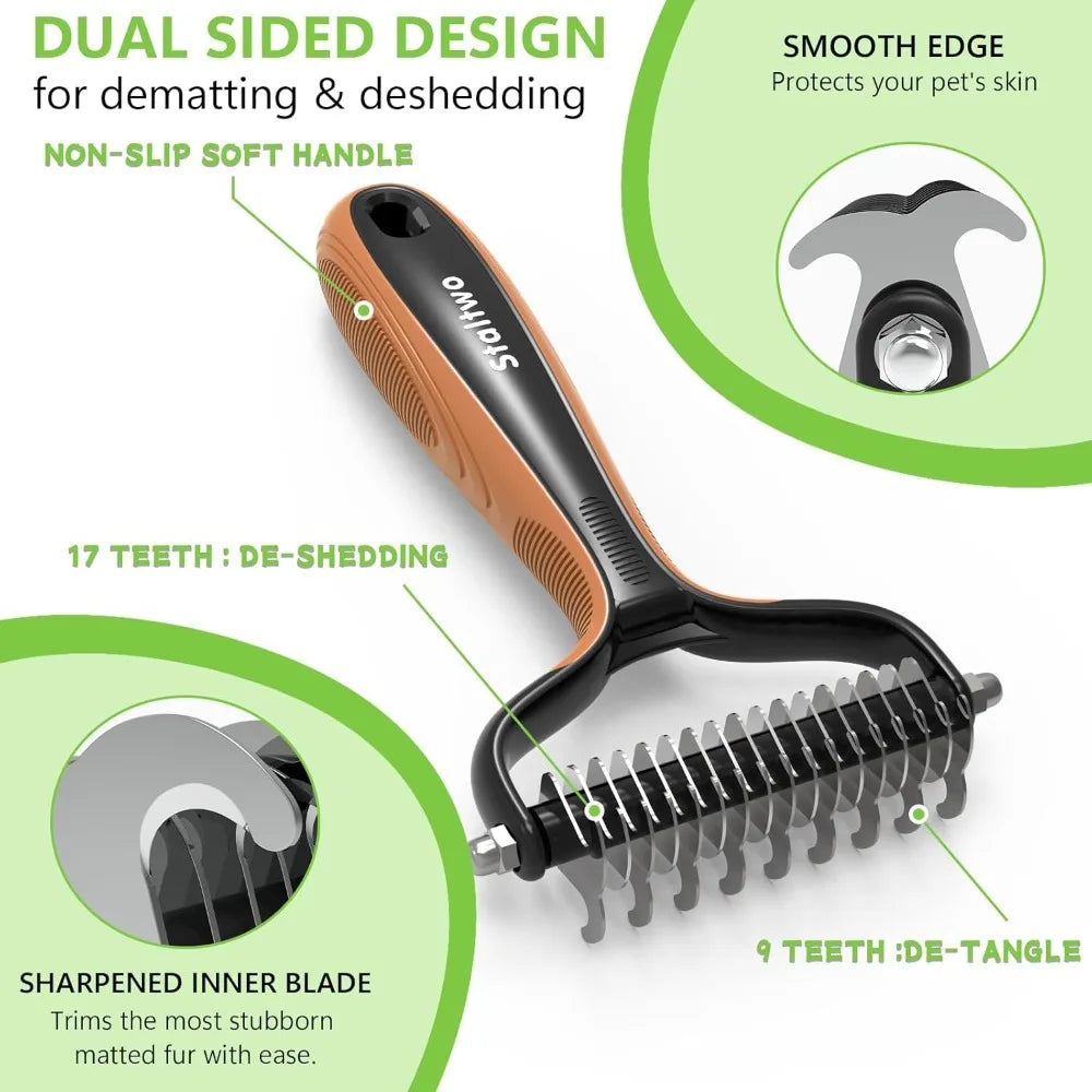 2-in-1 Deshedding Dog Brush for Shedding - Undercoat Rake and Furminator for Long-Haired Dogs and Cats, Knot Removal, Orange