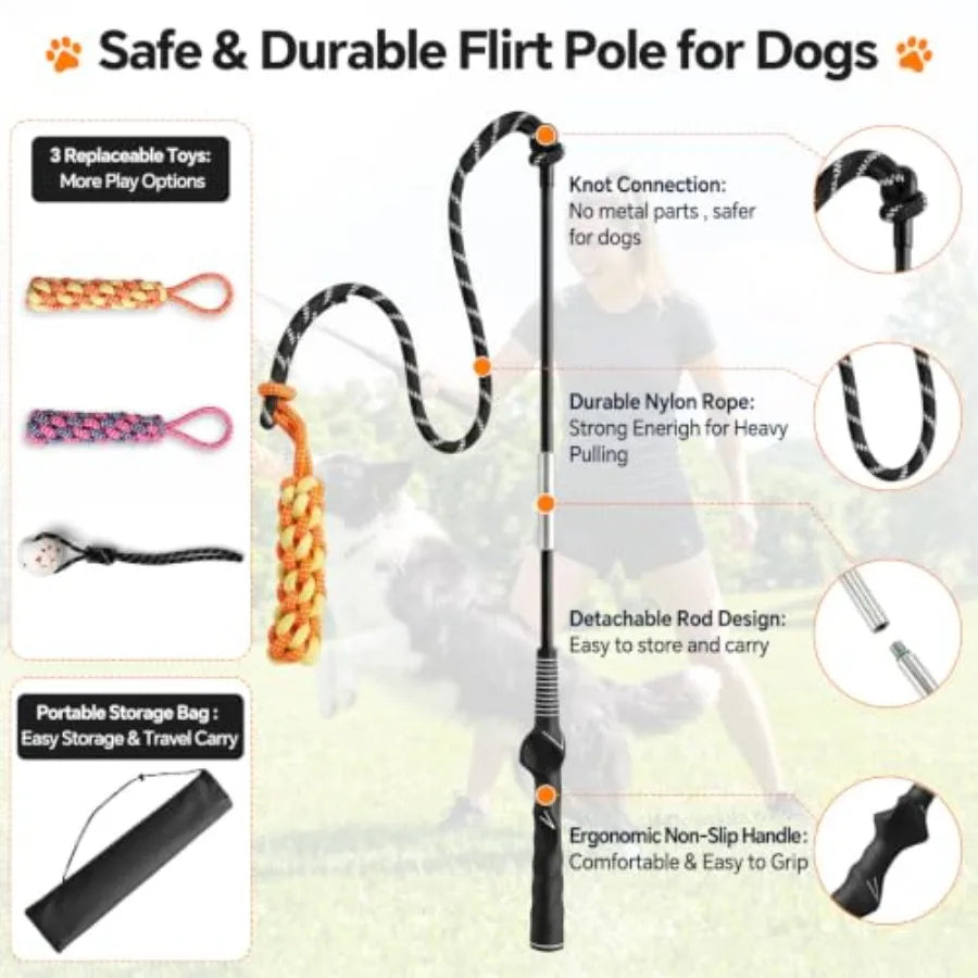 Flirt Pole for Dogs, Interactive Dog Toys for Large Medium Small Dogs Outdoor Exercise and Training Dog Teaser Wand with Chewin