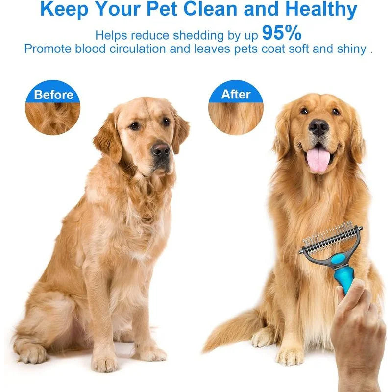 2‑in‑1 Pet Dematting Comb Double‑Sided Stainless Steel Deshedding Brush Non‑Slip Handle Hanging Hole for Dogs Cats Remove Mats Tangles Pet Grooming Shedding Tool