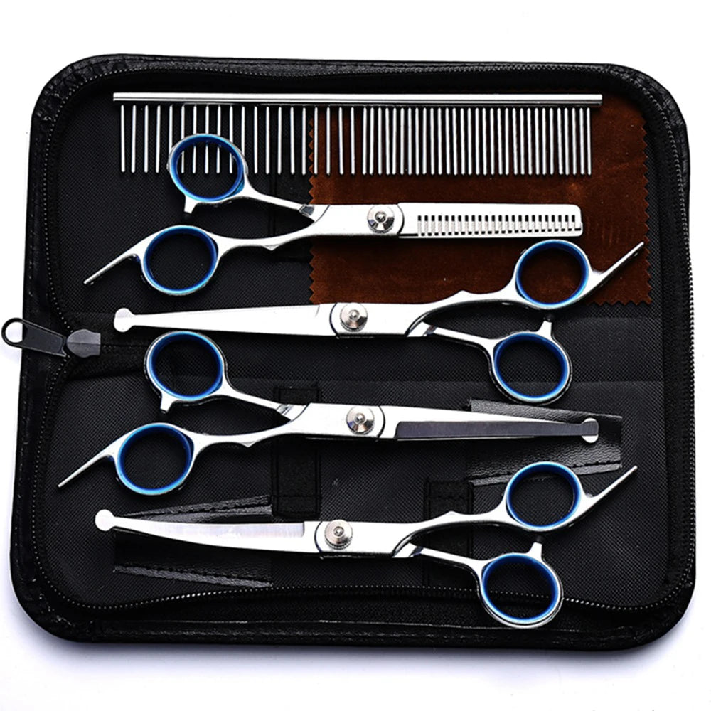 5pcs Professional Dogs Grooming Scissors Set Stainless Steel Dog and Cat Hair Thinning Shears with Safety Round Tip for Pet for Precision Trimming