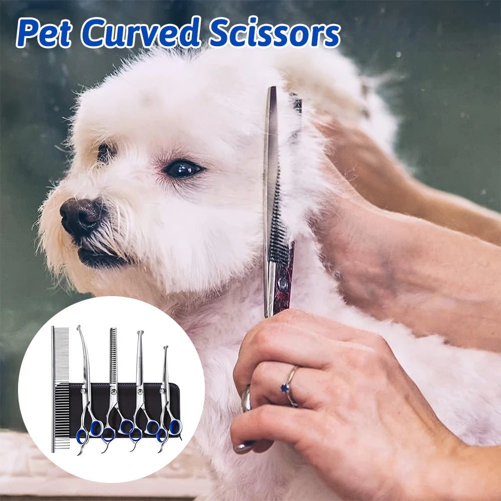 5pcs Professional Dogs Grooming Scissors Set Stainless Steel Dog and Cat Hair Thinning Shears with Safety Round Tip for Pet for Precision Trimming