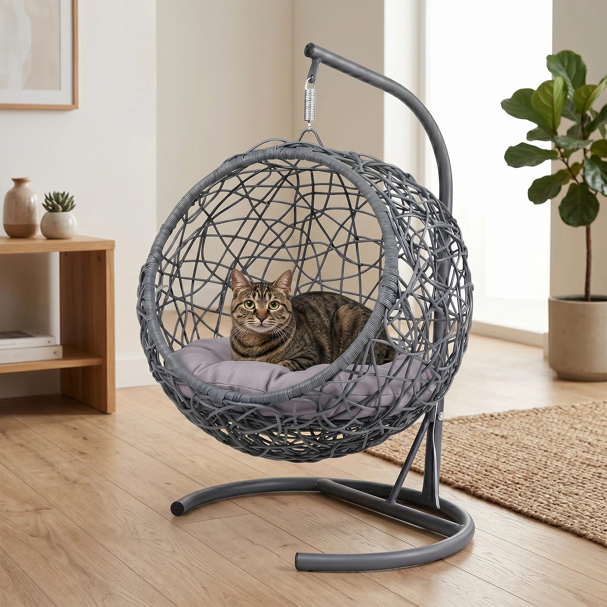 Cat Swing Bed with Stand, Rattan Wicker Egg Chair with Cushion, Indoor Hanging Pet Bed for Cats & Small Dogs, Gray