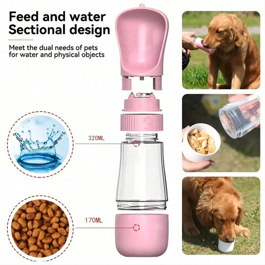 2 in 1 Dog Water Bottle Portable Pet Travel Water Food Container, 320ml Water 170ml Food / 330ml Single Water Puppy Outdoor Feeder Cup for Walking Hiking Travel