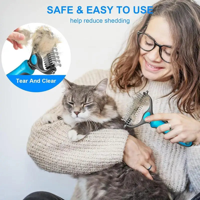 2‑in‑1 Pet Dematting Comb Double‑Sided Stainless Steel Deshedding Brush Non‑Slip Handle Hanging Hole for Dogs Cats Remove Mats Tangles Pet Grooming Shedding Tool