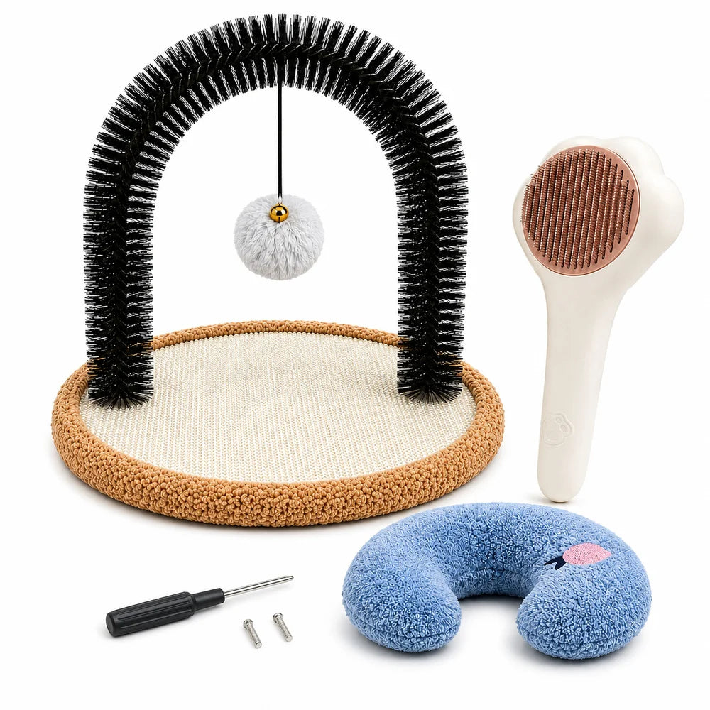 Cat Self Groomer Arch With Reversible Sisal Scratching Base Hanging Ball Grooming Brush And Plush Cat Pillow Indoor Cat Rubbing Scratching Grooming Play And Rest Station